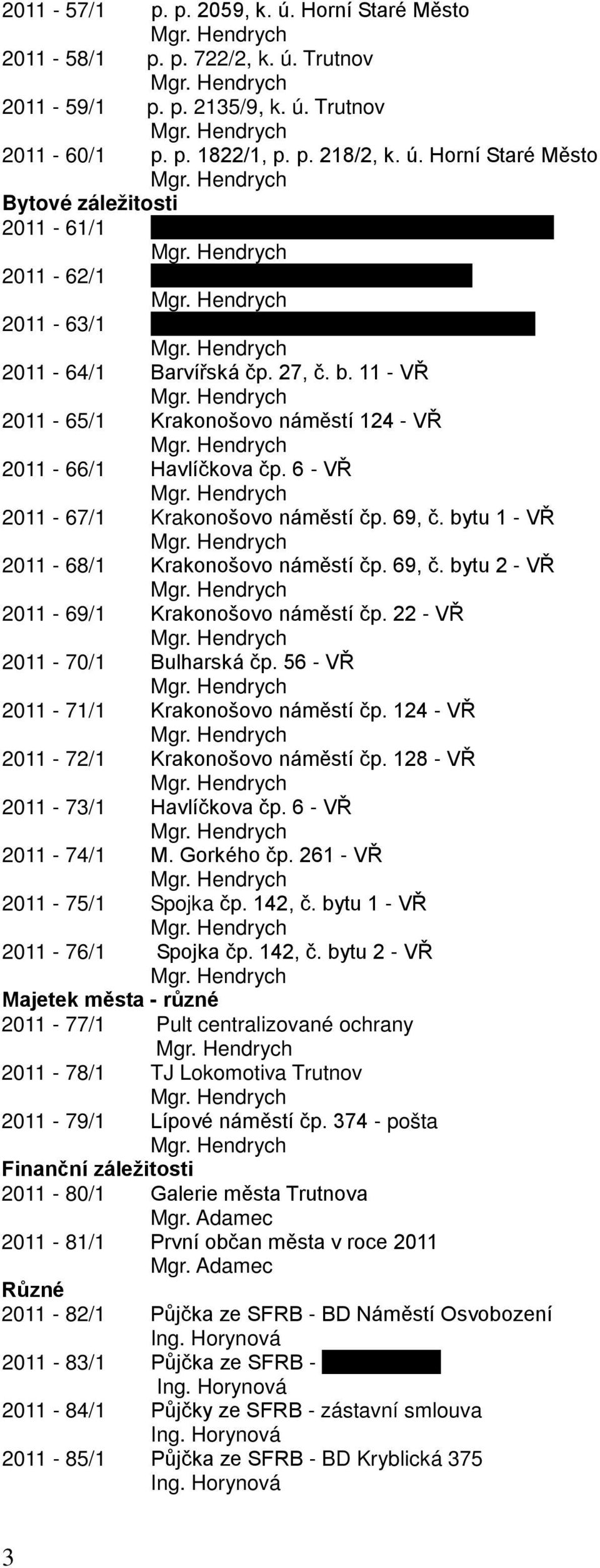 22 - VŘ 2011-70/1 Bulharská čp. 56 - VŘ 2011-71/1 Krakonošovo náměstí čp. 124 - VŘ 2011-72/1 Krakonošovo náměstí čp. 128 - VŘ 2011-73/1 Havlíčkova čp. 6 - VŘ 2011-74/1 M. Gorkého čp.