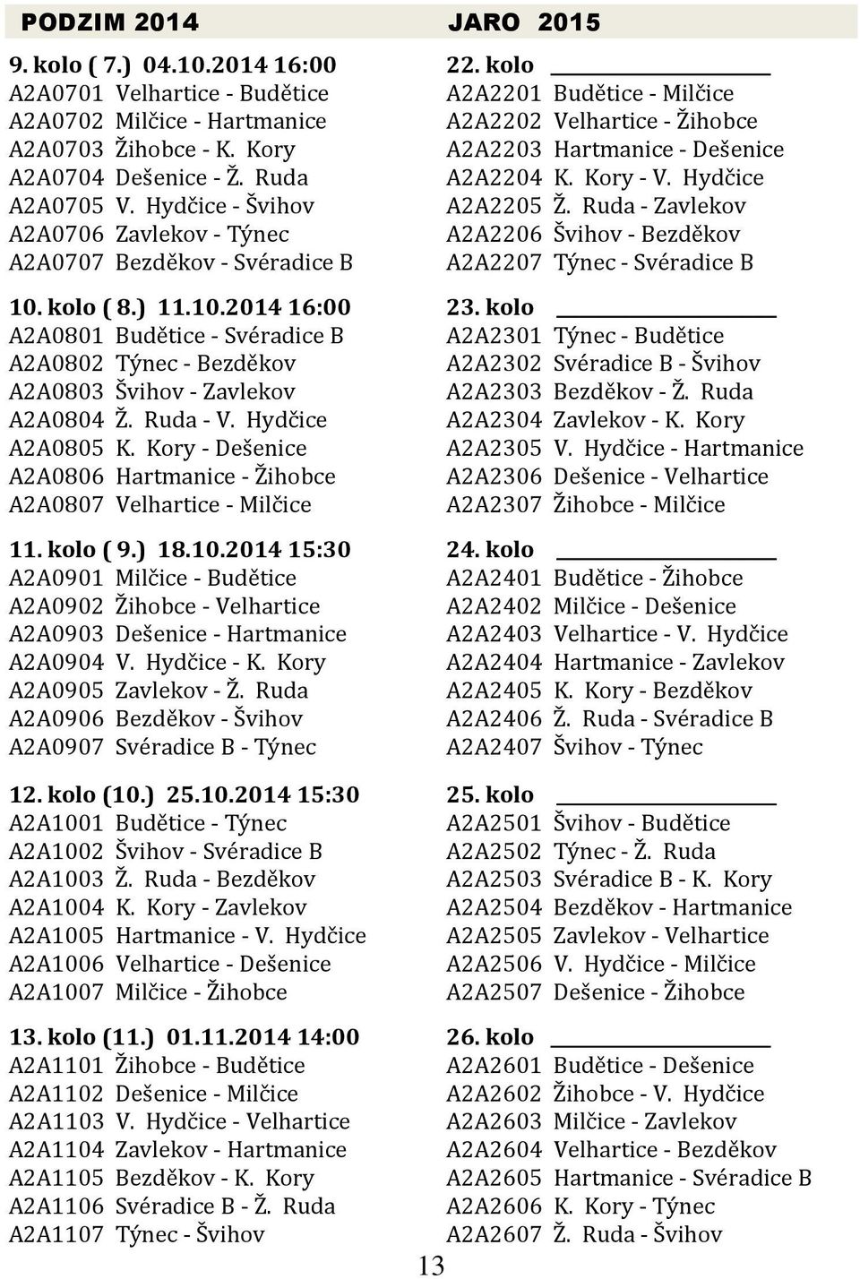 Ruda - Zavlekov A2A0706 Zavlekov - Týnec A2A2206 Švihov - Bezděkov A2A0707 Bezděkov - Svéradice B A2A2207 Týnec - Svéradice B 10. kolo ( 8.) 11.10.2014 16:00 23.