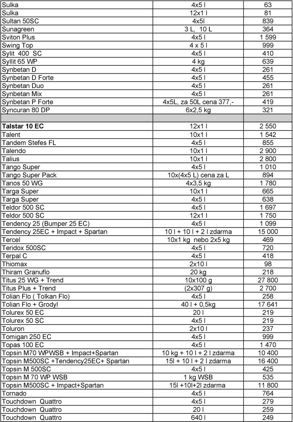 4x5 l 855 Talendo 10x1 l 2 900 Talius 10x1 l 2 800 Tango Super 4x5 l 1 010 Tango Super Pack 10x(4x5 L) cena za L 894 Tanos 50 WG 4x3,5 kg 1 780 Targa Super 10x1 l 665 Targa Super 4x5 l 638 Teldor 500