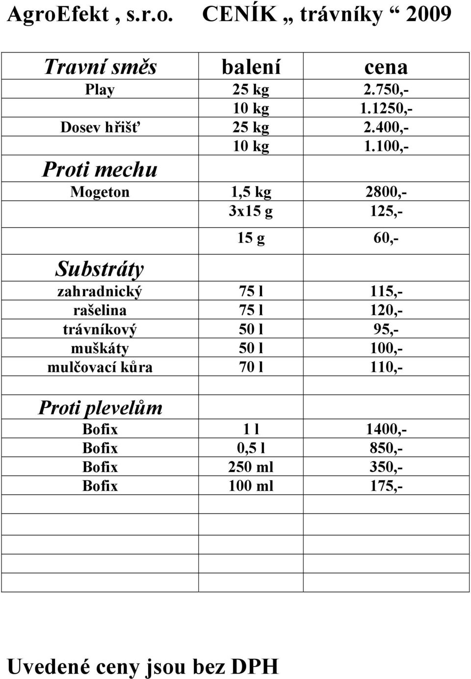 100,- Proti mechu Mogeton 1,5 kg 2800,- 3x15 g 125,- 15 g 60,- Substráty zahradnický 75 l 115,- rašelina