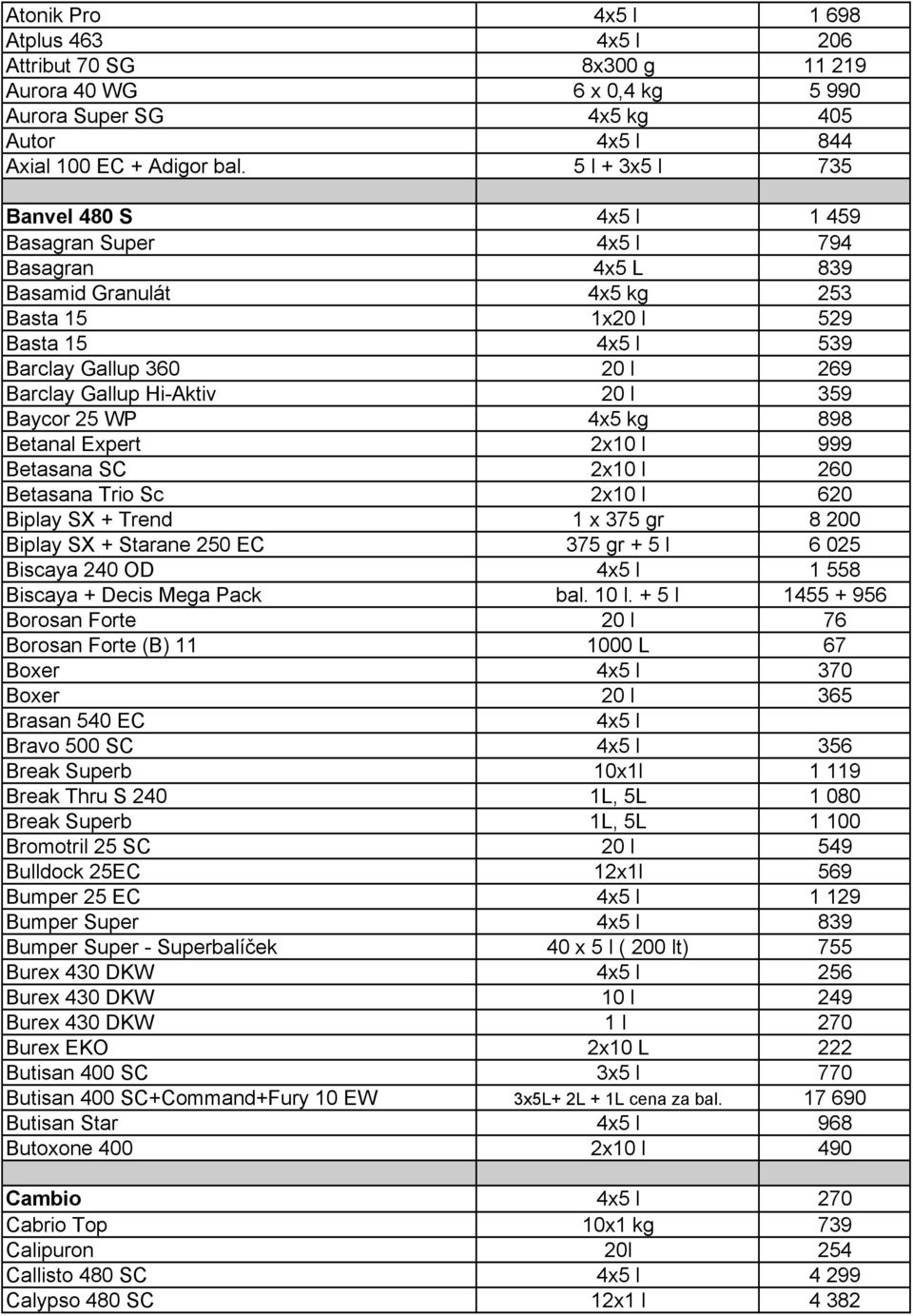 Hi-Aktiv 20 l 359 Baycor 25 WP 4x5 kg 898 Betanal Expert 2x10 l 999 Betasana SC 2x10 l 260 Betasana Trio Sc 2x10 l 620 Biplay SX + Trend 1 x 375 gr 8 200 Biplay SX + Starane 250 EC 375 gr + 5 l 6 025