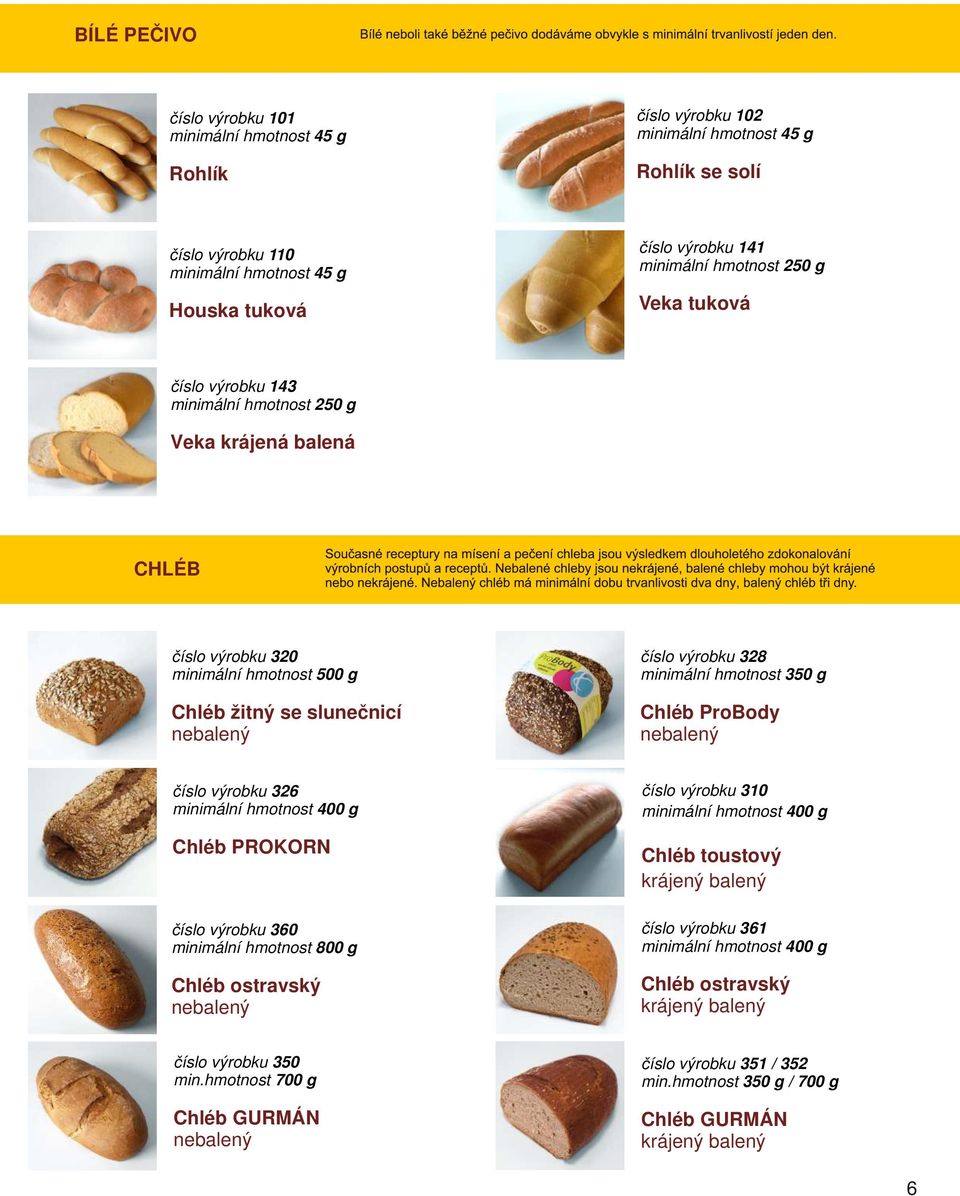 hmotnost 350 g Chléb ProBody číslo výrobku 326 Chléb PROKORN číslo výrobku 360 minimální hmotnost 800 g Chléb ostravský číslo výrobku 310 Chléb toustový krájený balený
