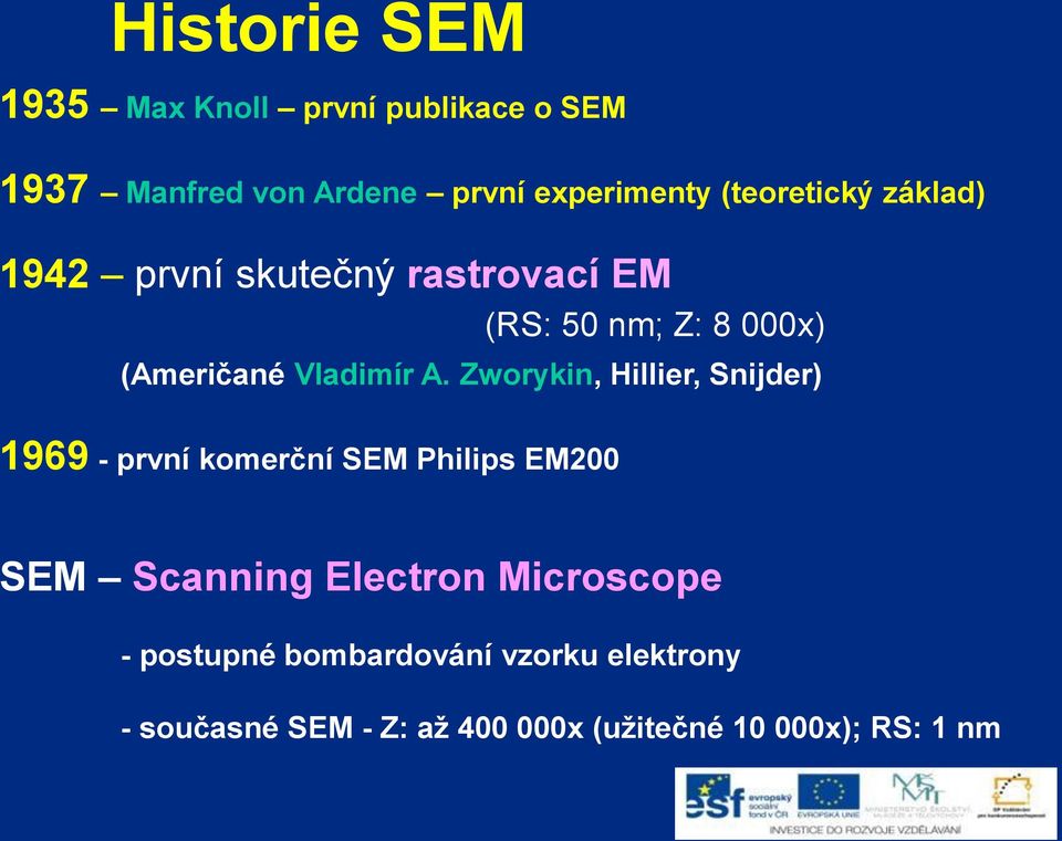 Zworykin, Hillier, Snijder) 1969 - první komerční SEM Philips EM200 SEM Scanning Electron