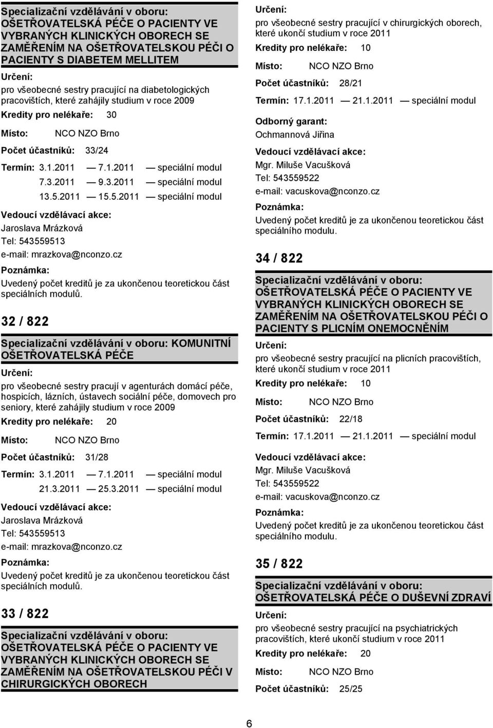 2011 15.5.2011 speciální modul Jaroslava Mrázková Tel: 543559513 e-mail: mrazkova@nconzo.cz Uvedený počet kreditů je za ukončenou teoretickou část speciálních modulů.