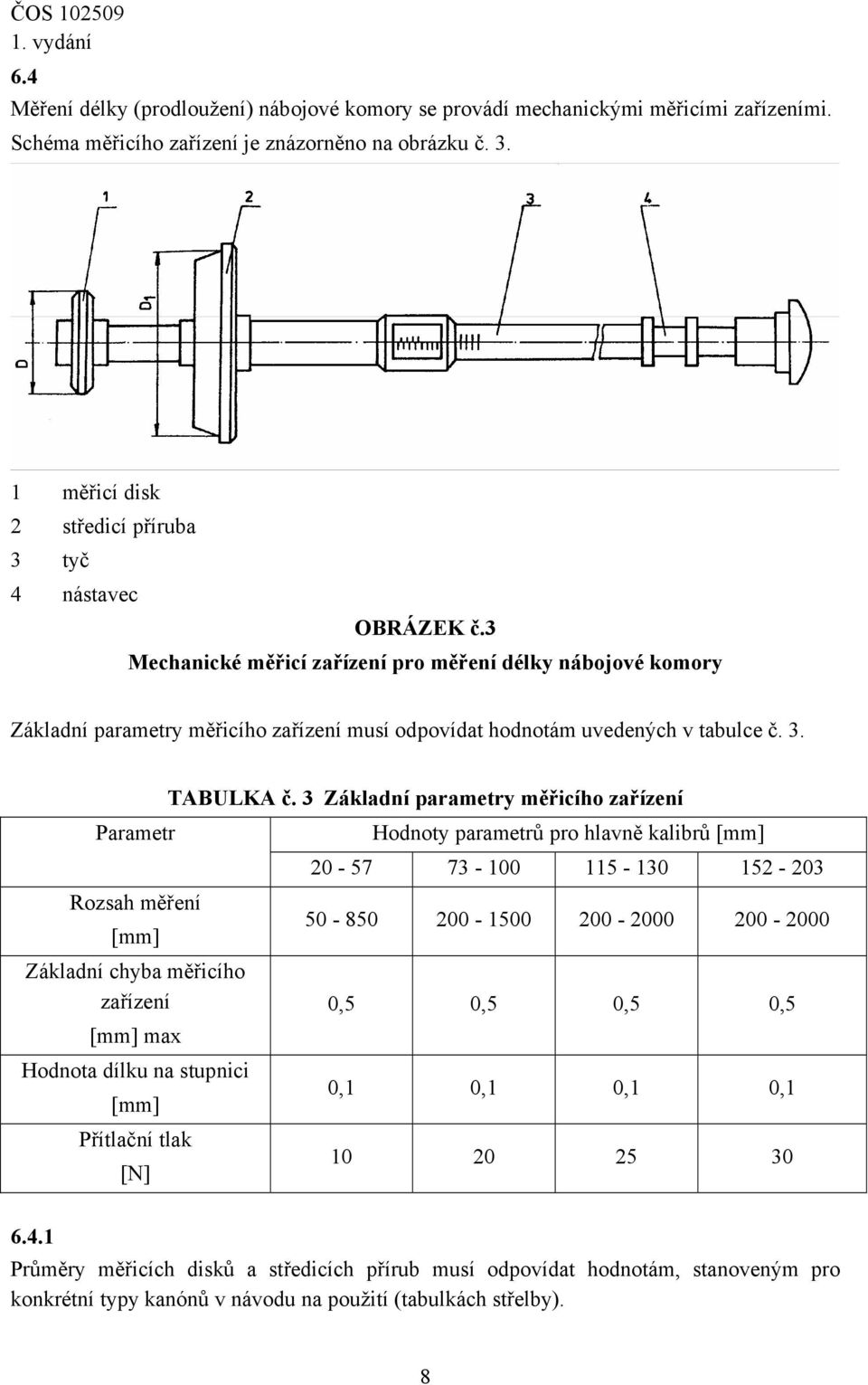 3 Mechanické měřicí zařízení pro měření délky nábojové komory Základní parametry měřicího zařízení musí odpovídat hodnotám uvedených v tabulce č. 3. TABULKA č.