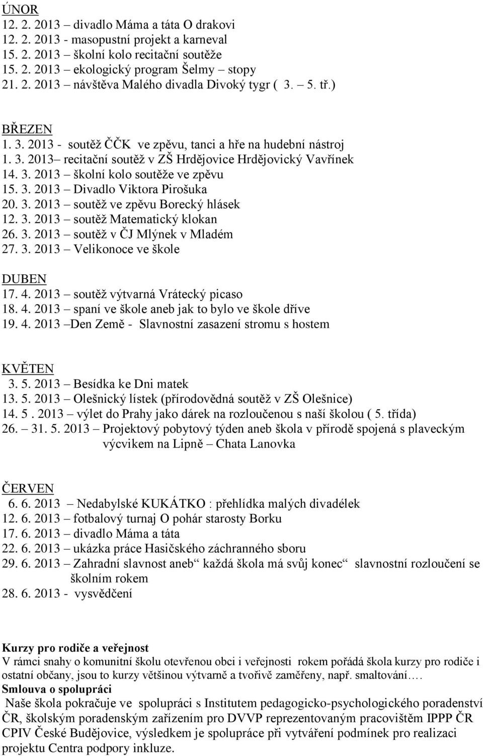 3. 2013 soutěž ve zpěvu Borecký hlásek 12. 3. 2013 soutěž Matematický klokan 26. 3. 2013 soutěž v ČJ Mlýnek v Mladém 27. 3. 2013 Velikonoce ve škole DUBEN 17. 4.