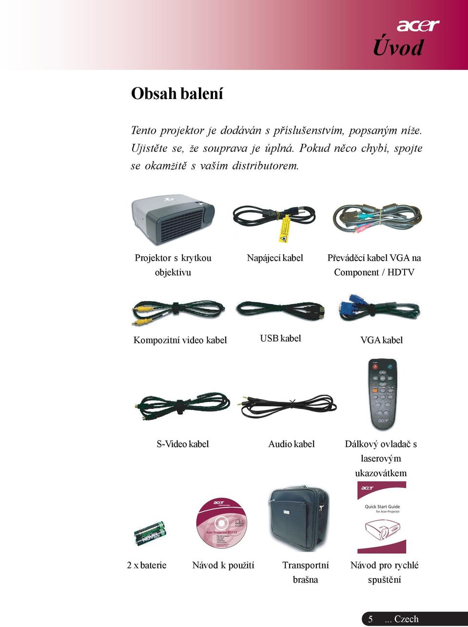 Projektor s krytkou objektivu Napájecí kabel Pøevádìcí kabel VGA na Component / HDTV Kompozitní video kabel USB