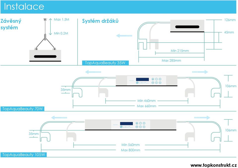 5M Min M Systém držáků 126mm 45mm Min 215mm TopAquaBeauty 35W Max