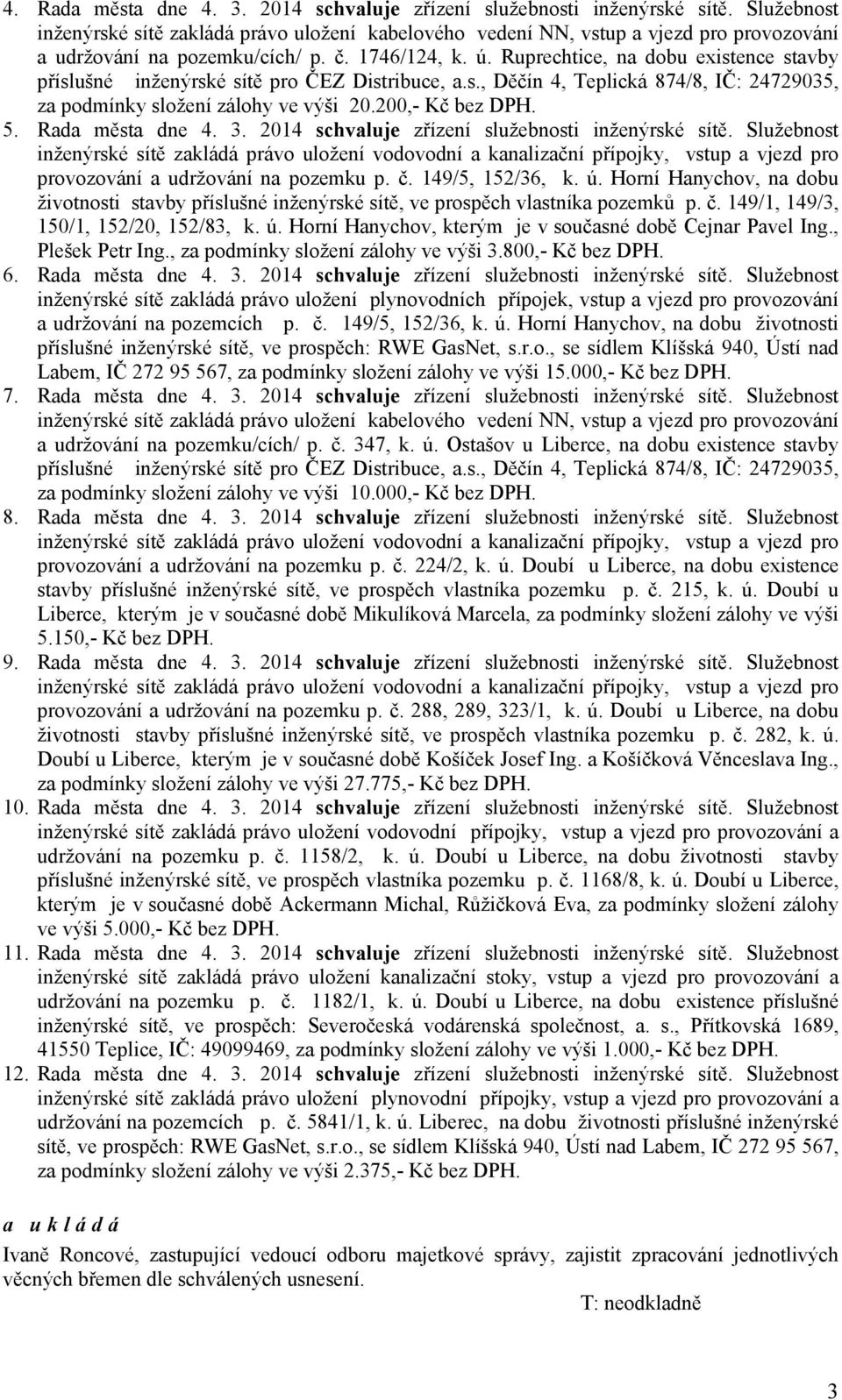 200,- Kč bez DPH. 5. Rada města dne 4. 3. 2014 zřízení služebnosti inženýrské sítě.