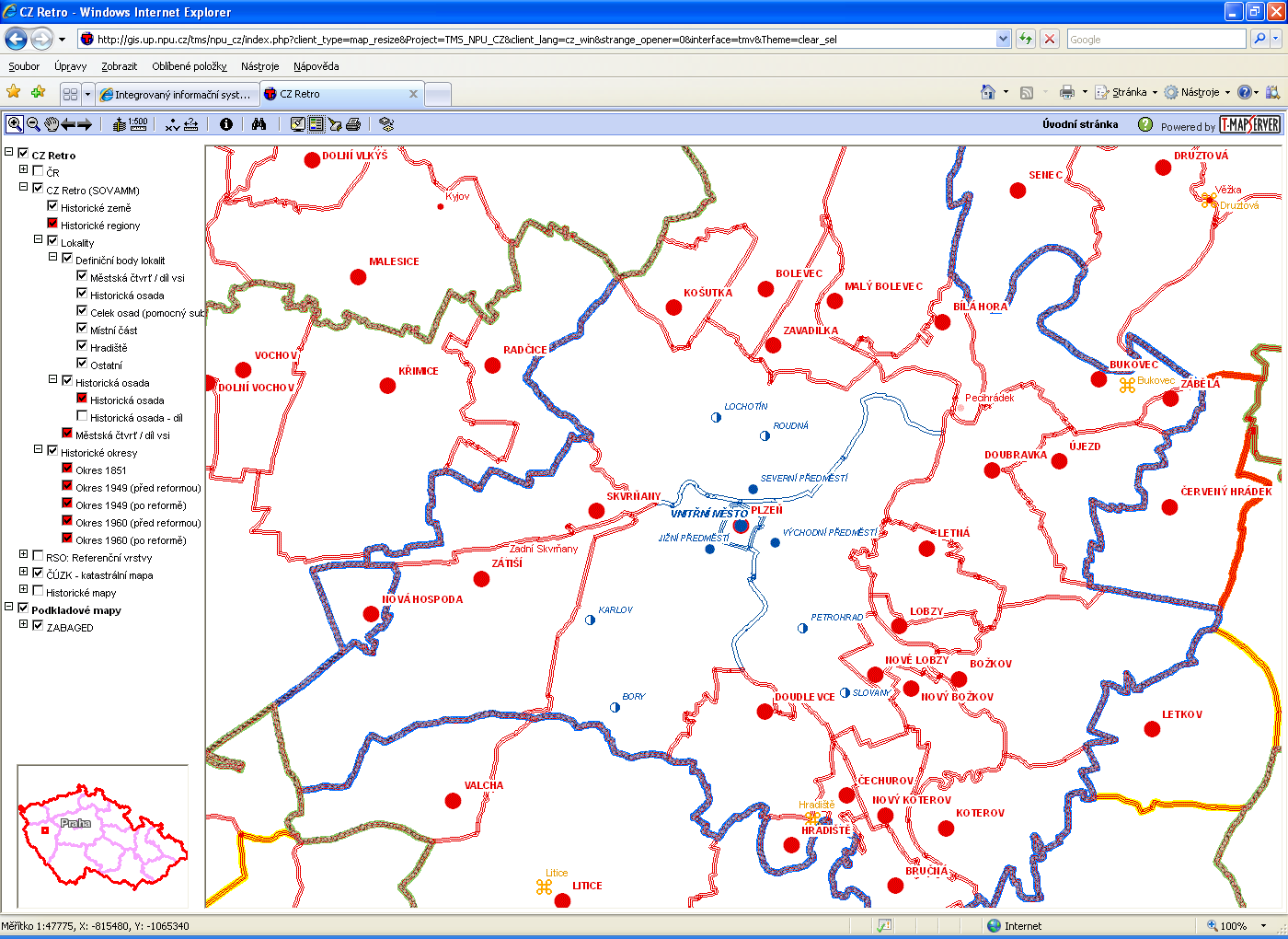 Mapový projekt umožňuje porovnání s aktuálním stavem oficiální administrativní struktury (části obce, katastrální území, základní sídelní jednotky).