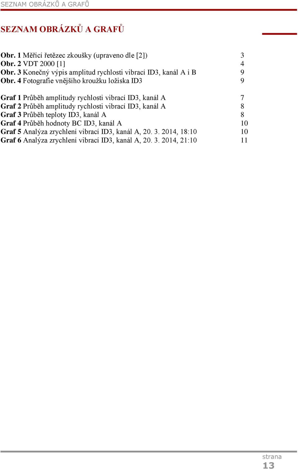 4 Fotografie vnějšího kroužku ložiska ID3 9 Graf 1 Průběh amplitudy rychlosti vibrací ID3, kanál A 7 Graf 2 Průběh amplitudy rychlosti