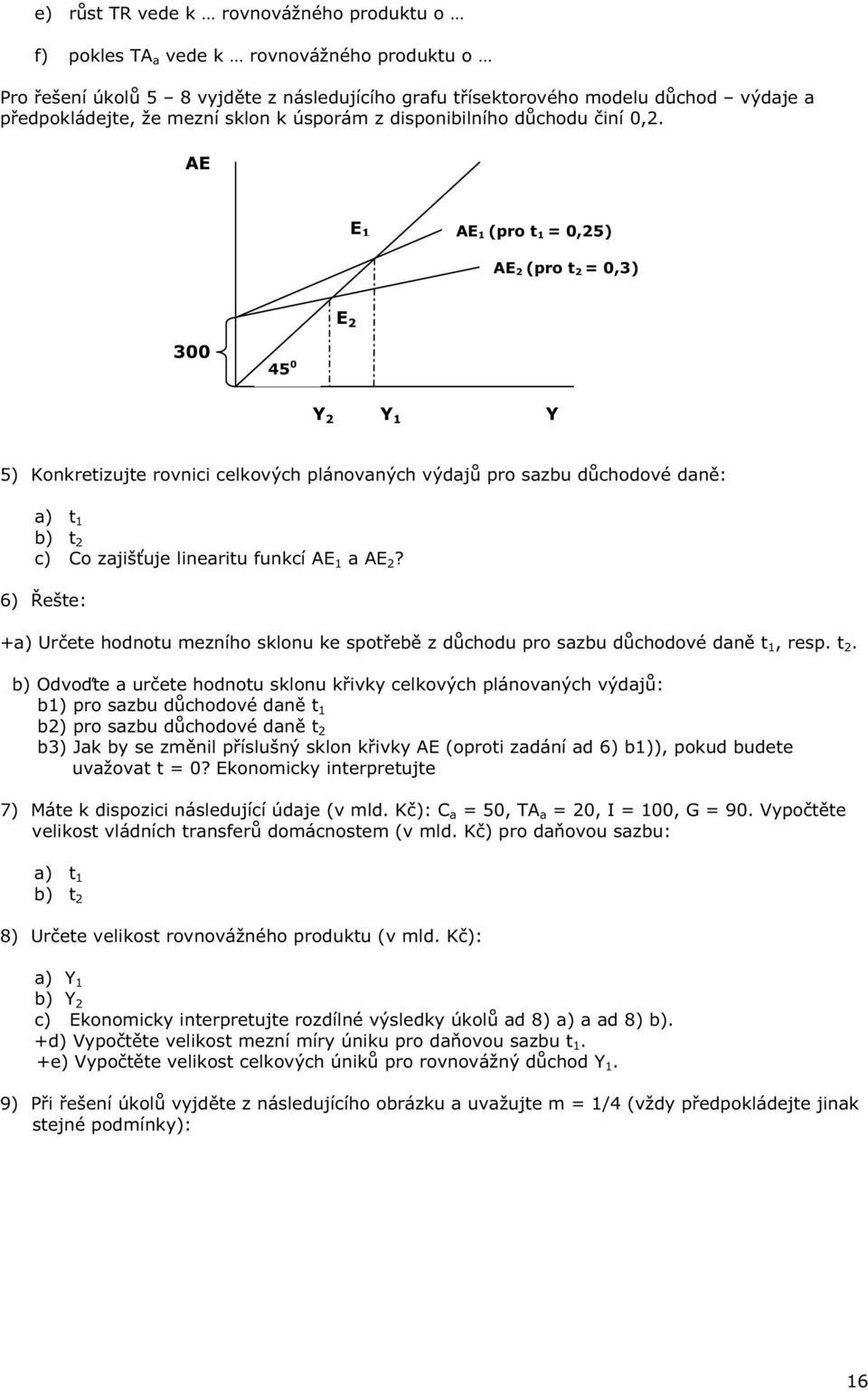 AE E 1 AE 1 (pro t 1 = 0,25) AE 2 (pro t 2 = 0,3) E 2 300 45 0 Y 2 Y 1 Y 5) Konkretizujte rovnici celkových plánovaných výdaj pro sazbu d chodové dan : a) t 1 b) t 2 c) Co zajiš uje linearitu funkcí