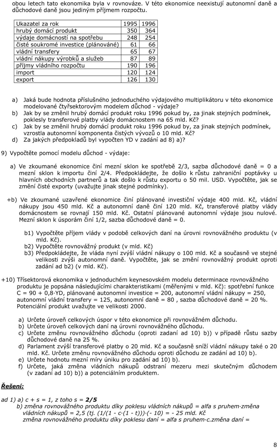 íjmy vládního rozpo tu 190 196 import 120 124 export 126 130 a) Jaká bude hodnota p íslušného jednoduchého výdajového multiplikátoru v této ekonomice modelované ty sektorovým modelem d chod - výdaje?