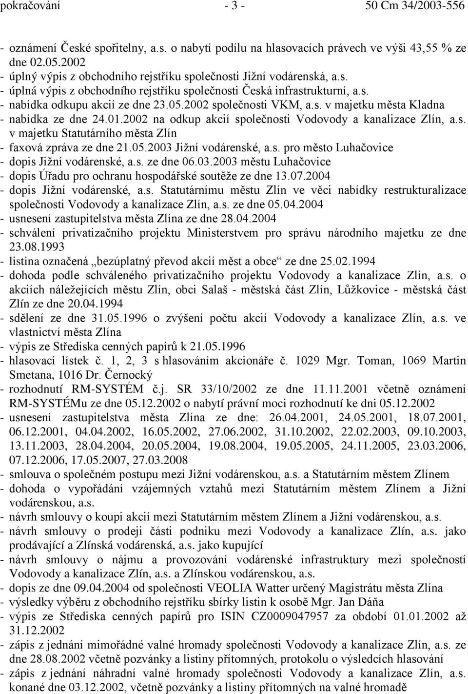 2002 společnosti VKM, a.s. v majetku města Kladna - nabídka ze dne 24.01.2002 na odkup akcií společnosti Vodovody a kanalizace Zlín, a.s. v majetku Statutárního města Zlín - faxová zpráva ze dne 21.