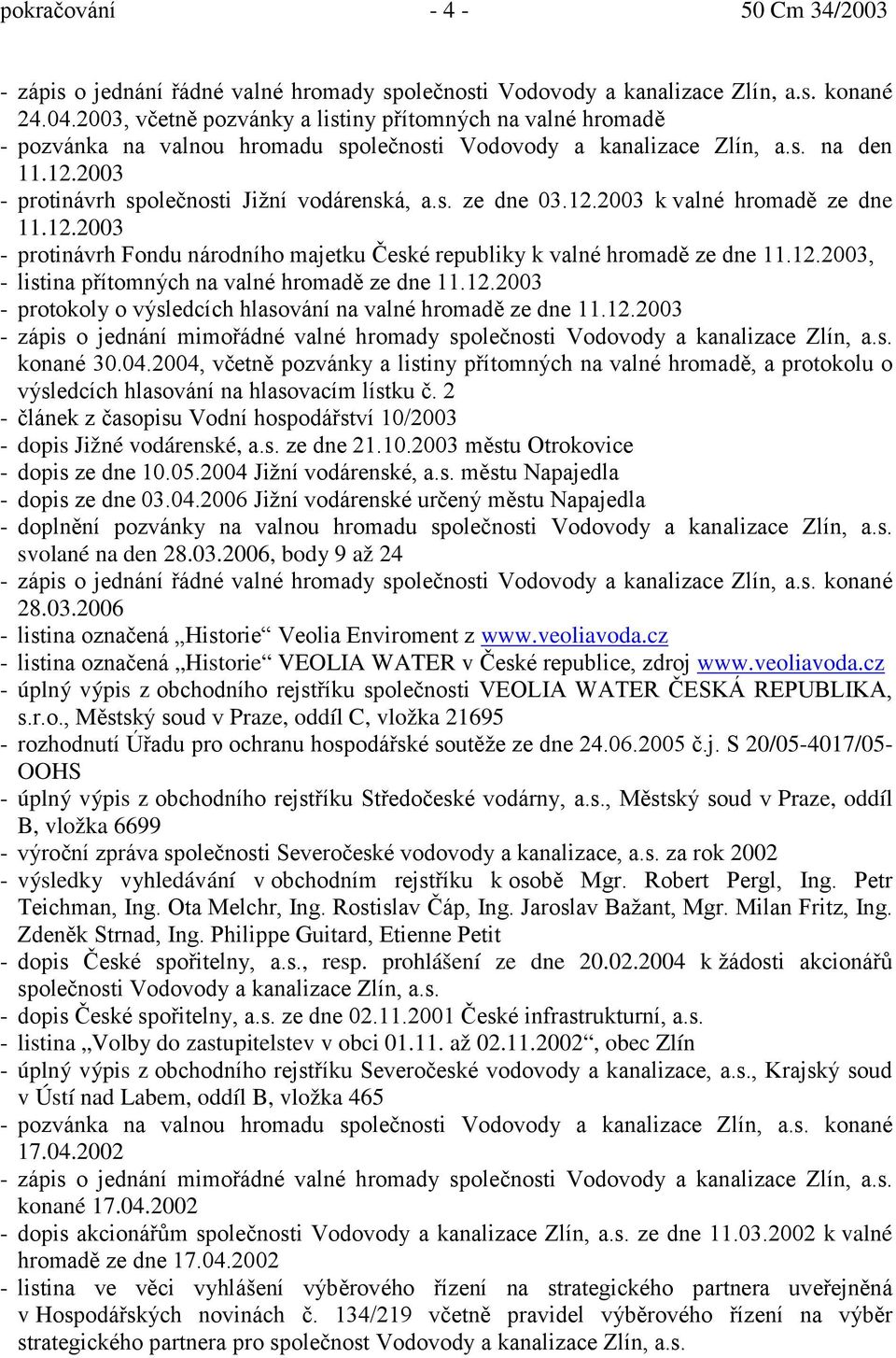 12.2003 k valné hromadě ze dne 11.12.2003 - protinávrh Fondu národního majetku České republiky k valné hromadě ze dne 11.12.2003, - listina přítomných na valné hromadě ze dne 11.12.2003 - protokoly o výsledcích hlasování na valné hromadě ze dne 11.