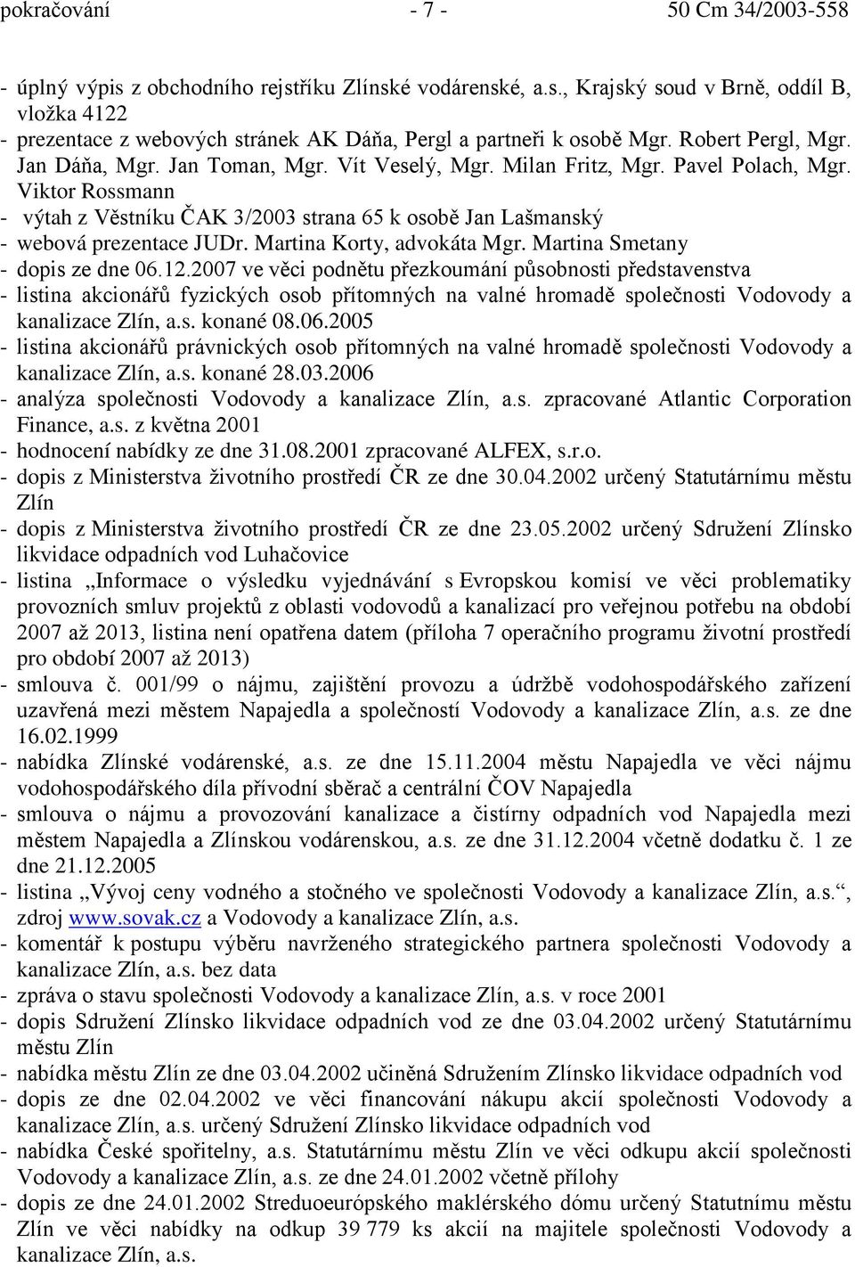 Viktor Rossmann - výtah z Věstníku ČAK 3/2003 strana 65 k osobě Jan Lašmanský - webová prezentace JUDr. Martina Korty, advokáta Mgr. Martina Smetany - dopis ze dne 06.12.