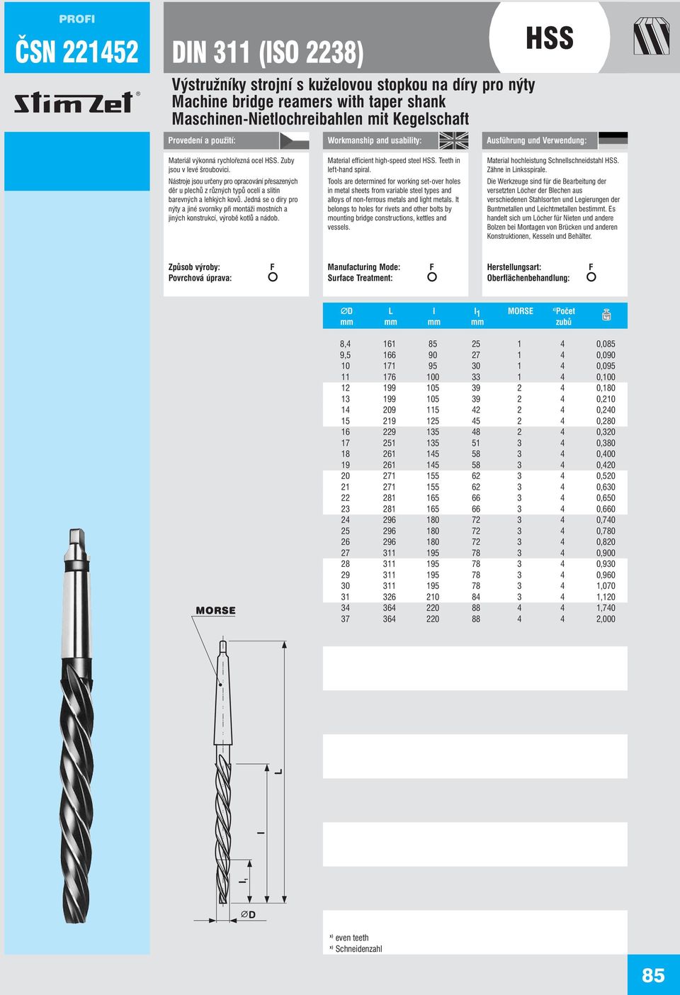 Jedná se o díry pro nýty a jiné svorníky při montáži mostních a jiných konstrukcí, výrobě kotlů a nádob. Material efficient high-speed steel. Teeth in left-hand spiral.