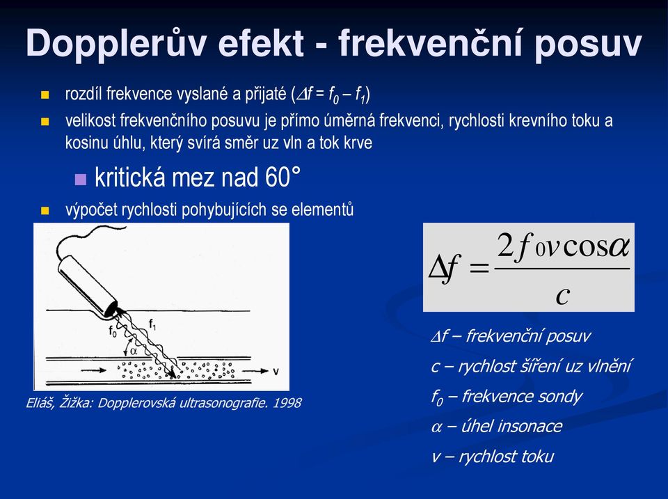 kritická mez nad 60 výpočet rychlosti pohybujících se elementů f = 2 f 0 v cosαα c Eliáš, Žižka: Dopplerovská