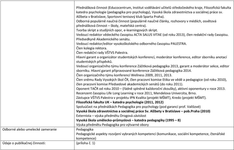 Tvorba skript a studijních opor, e-learningových skript. Vedoucí redaktor vědeckého časopisu ACTA SALUS VITAE (od roku 2013), člen redakční rady časopisu. Předsedkyně Akademického senátu.