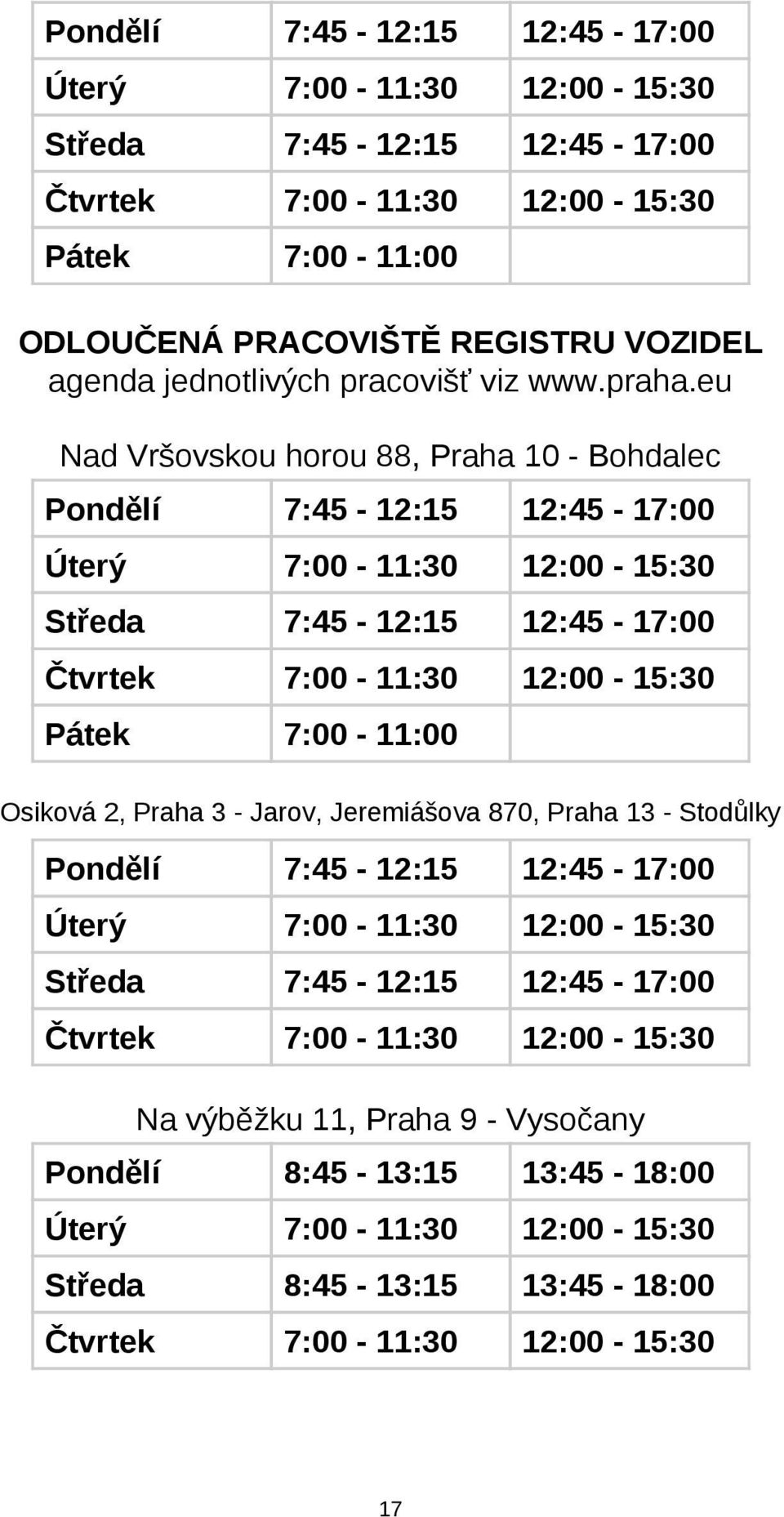 eu Nad Vršovskou horou 88, Praha 10 - Bohdalec Pondělí 7:45-12:15 12:45-17:00 Úterý 7:00-11:30 12:00-15:30 Středa 7:45-12:15 12:45-17:00 Čtvrtek 7:00-11:30 12:00-15:30 Pátek 7:00-11:00