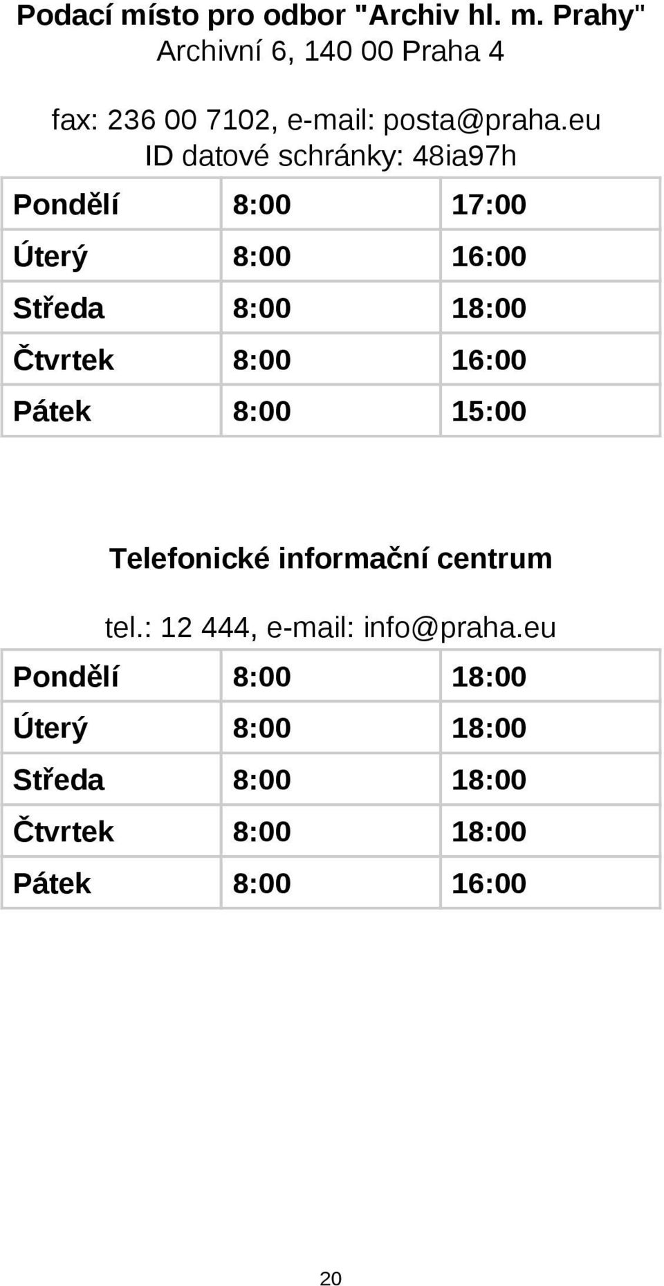 16:00 Pátek 8:00 15:00 Telefonické informační centrum tel.: 12 444, e-mail: info@praha.