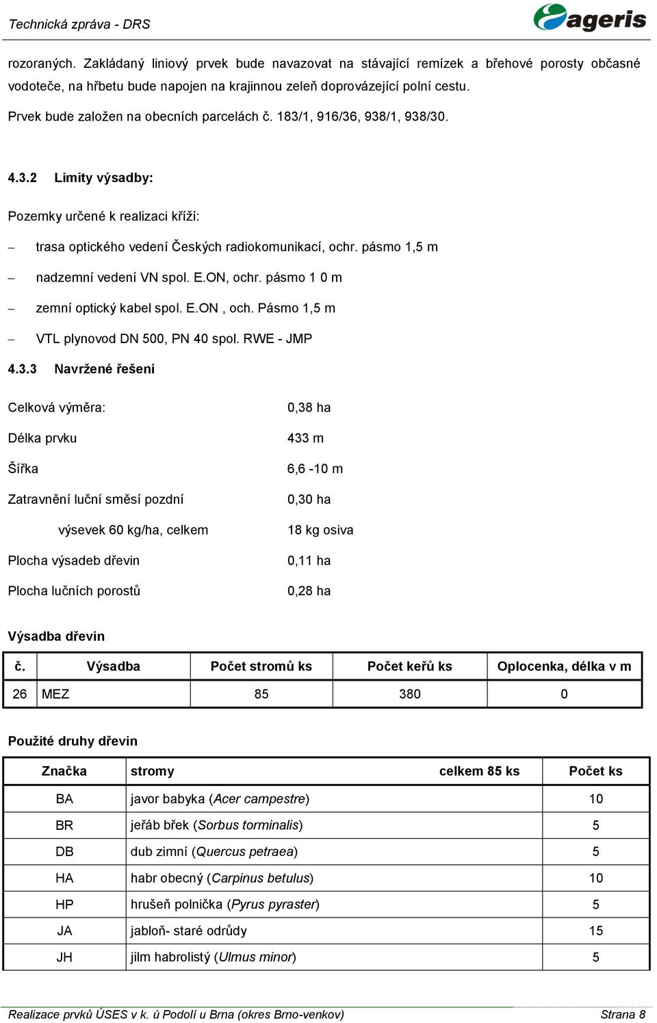 pásmo 1,5 m nadzemní vedení VN spol. E.ON, ochr. pásmo 1 0 m zemní optický kabel spol. E.ON, och. Pásmo 1,5 m VTL plynovod DN 500, PN 40 spol. RWE - JMP 4.3.