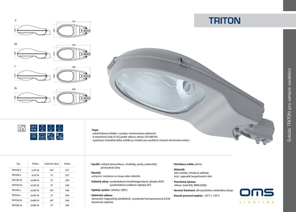 1x100 W ST E40 TRITON M 1x150 W ST E40 TRITON L 1x250 W MT E40 TRITON L 1x250 W ST E40 TRITON XL 1x400 W MT E40 TRITON XL 1x400 W ST E40 I Využití: veřejné komunikace, chodníky, parky, parkoviště,