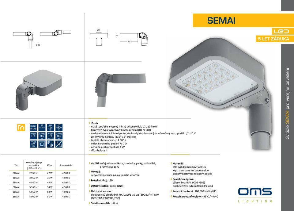 třída izolace II Svítidlo SEMAI pro veřejné osvětlení Typ Konečný výstup ze svítidla (při Ta=25 C) Příkon Barva světla SEMAI 2 950 lm 27 W 4 500 K SEMAI 3 950 lm 36 W 4 500 K SEMAI 4 950 lm 45 W 4