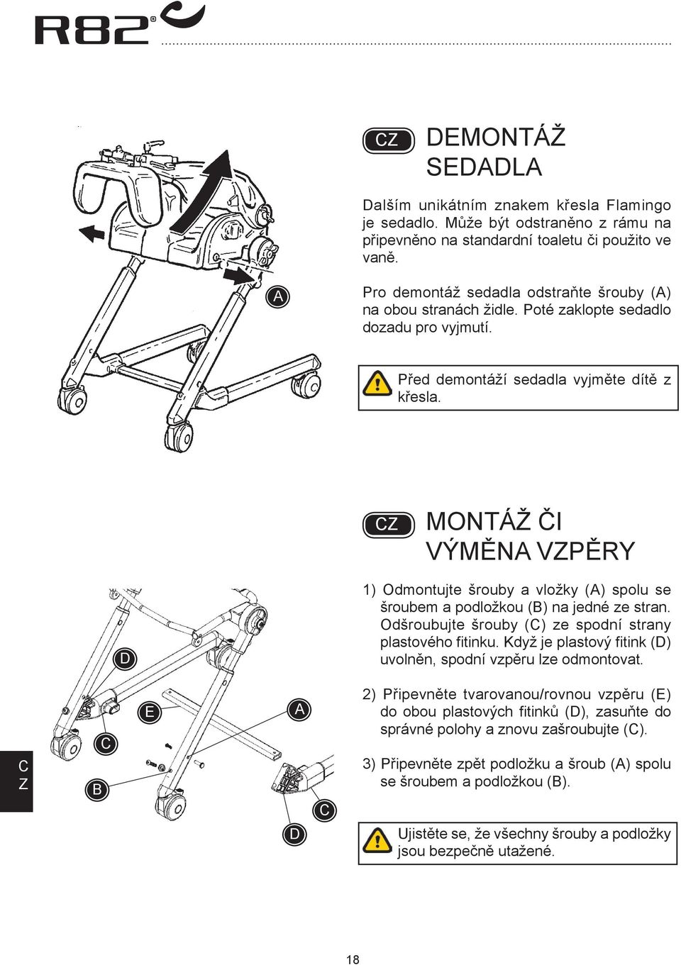 MONTÁŽ ČI VÝMĚN VPĚRY D 1) Odmontujte šrouby a vložky () spolu se šroubem a podložkou () na jedné ze stran. Odšroubujte šrouby () ze spodní strany plastového fitinku.