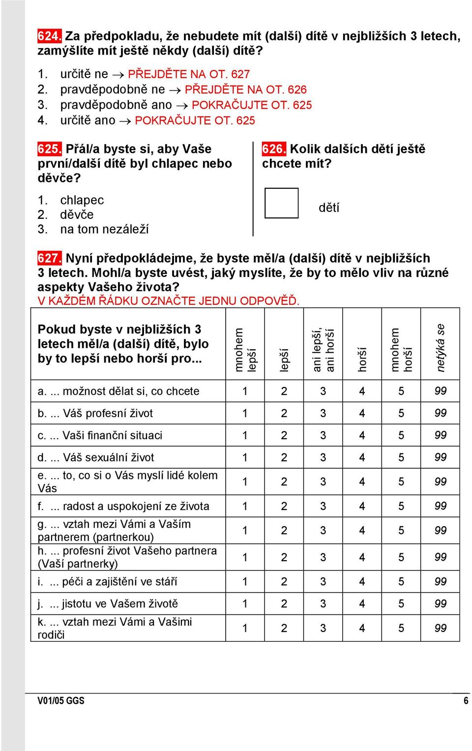 625 62 Přál/a byste si, aby Vaše první/další dítě byl chlapec nebo děvče? chlapec děvče na tom nezáleţí 626. Kolik dalších dětí ještě chcete mít? dětí 627.