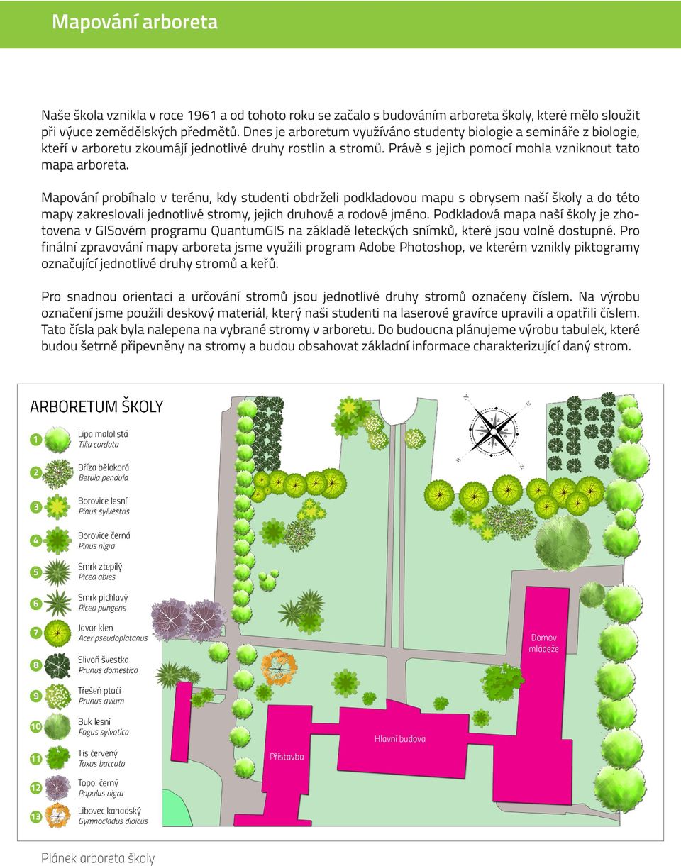 Mapování probíhalo v terénu, kdy studenti obdrželi podkladovou mapu s obrysem naší školy a do této mapy zakreslovali jednotlivé stromy, jejich druhové a rodové jméno.