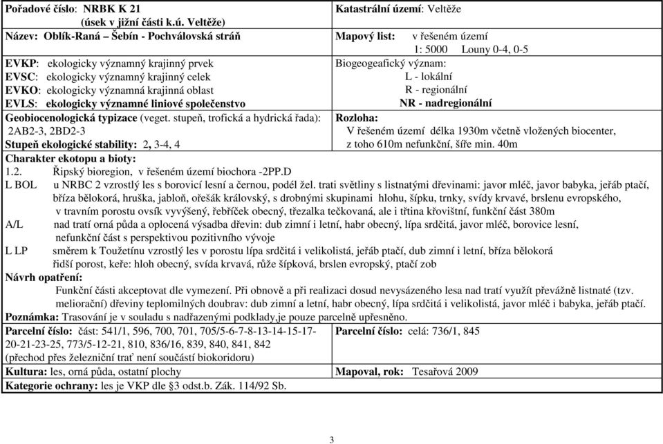 Veltěže) Název: Oblík-Raná Šebín - Pochválovská stráň Mapový list: v řešeném území 1: 5000 Louny 0-4, 0-5 Rozloha: 2AB2-3, 2BD2-3 V řešeném území délka 1930m včetně vložených biocenter, Stupeň