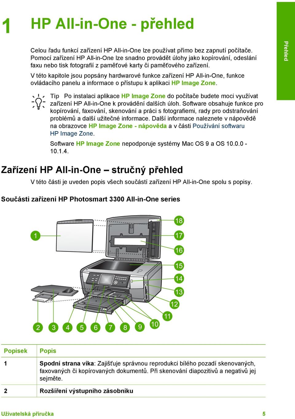 V této kapitole jsou popsány hardwarové funkce zařízení HP All-in-One, funkce ovládacího panelu a informace o přístupu k aplikaci HP Image Zone.