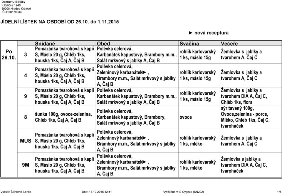 m., 1 ks, máslo 15g houska 1ks, Čaj A, Salát mrkvový s jablky A, houska 1ks, Čaj A, houska 1ks, Čaj A, šunka 100g, -zelenina, Chléb 1ks, Čaj A, houska 1ks, Čaj A, houska 1ks, Čaj A, Zeleninový