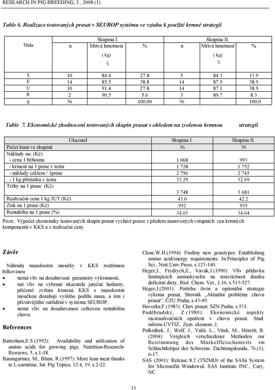 Ekonomické zhodnocení tetovaných kupin praat ohledem na zvolenou krmnou trategii Ukazatel Skupina I. Skupina II.