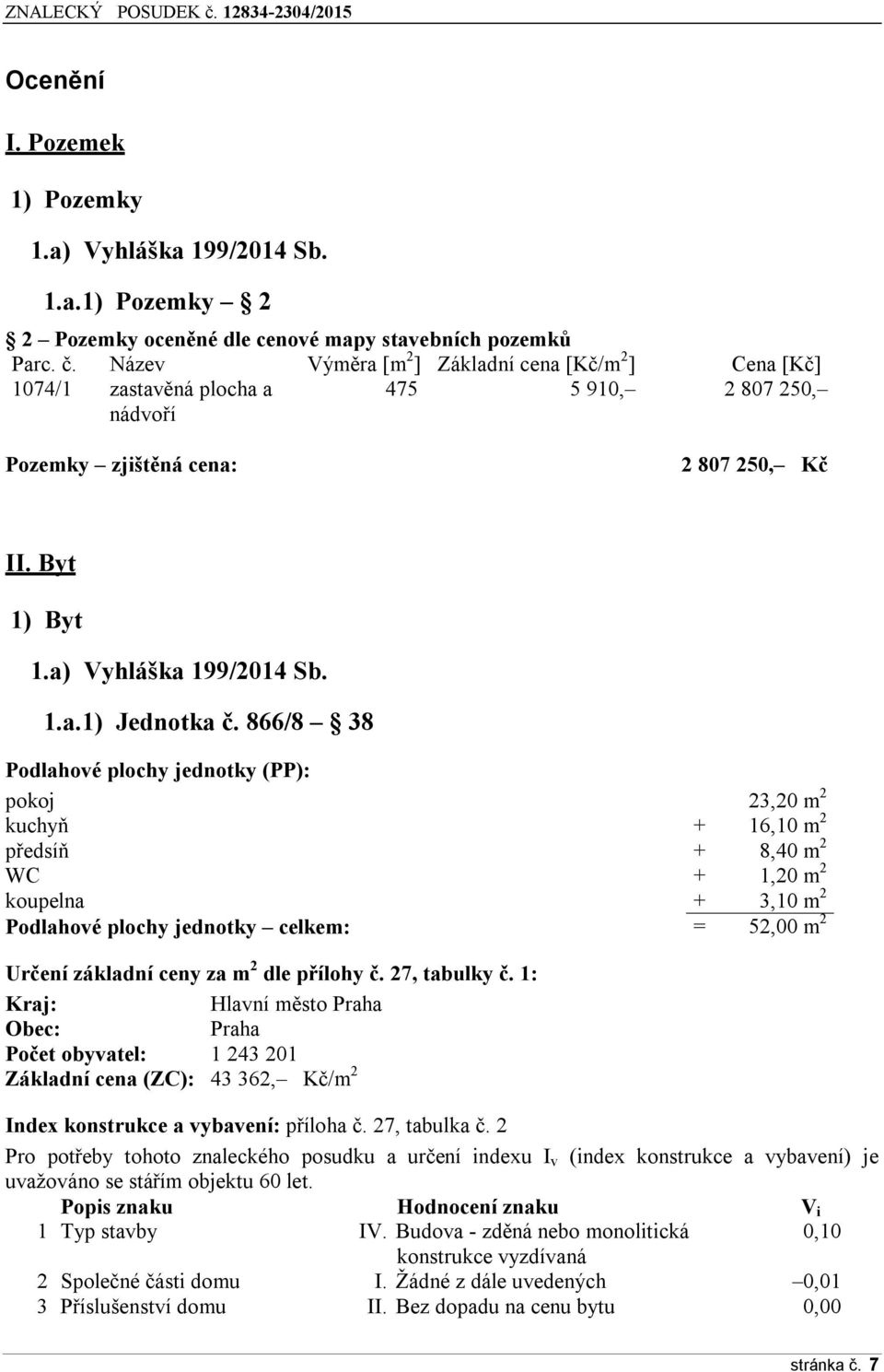 866/8 38 Podlahové plochy jednotky (PP): pokoj 23,20 m 2 kuchyň + 16,10 m 2 předsíň + 8,40 m 2 WC + 1,20 m 2 koupelna + 3,10 m 2 Podlahové plochy jednotky celkem: = 52,00 m 2 Určení základní ceny za