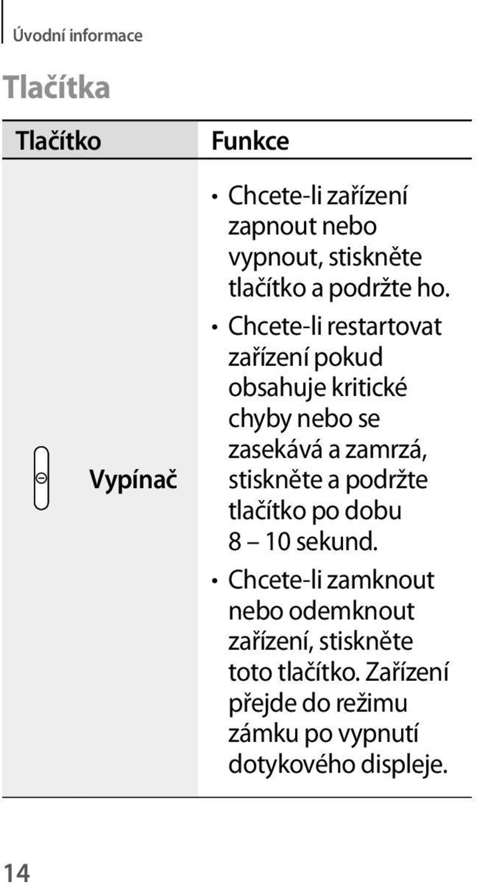 Chcete-li restartovat zařízení pokud obsahuje kritické chyby nebo se zasekává a zamrzá, stiskněte a