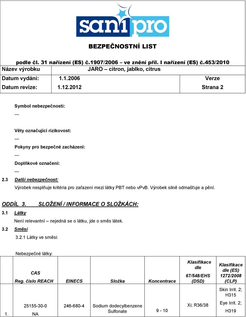 1 Látky Není relevantní nejedná se o látku, jde o směs látek. 3.2 Směsi 3.2.1 Látky ve směsi: Nebezpečné látky: CAS Reg.