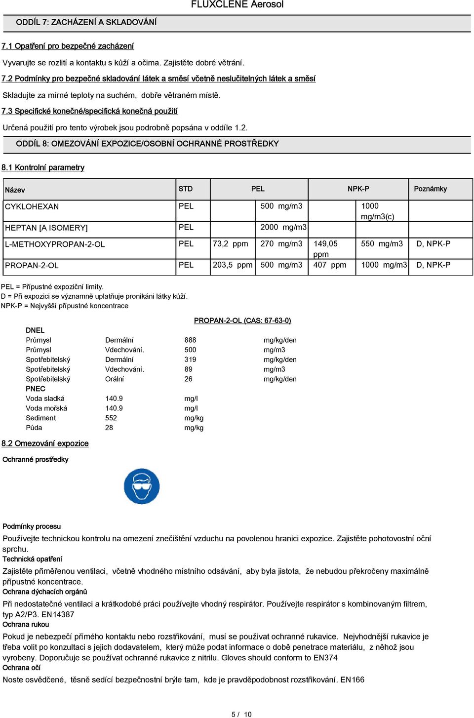 1 Kontrolní parametry Název STD PEL NPK-P Poznámky CYKLOHEXAN HEPTAN [A ISOMERY] PEL 500 mg/m3 1000 mg/m3(c) PEL 2000 mg/m3 L-METHOXYPROPAN-2-OL PEL 73,2 ppm 270 mg/m3 149,05 ppm 550 mg/m3 D, NPK-P