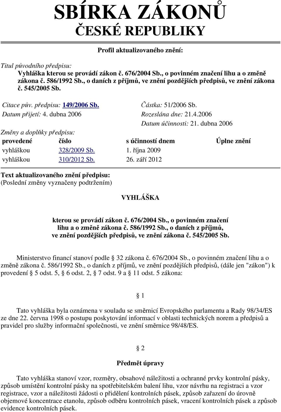 dubna 2006 Změny a doplňky předpisu: provedené číslo s účinností dnem Úplne znění vyhláškou 328/2009 Sb. 1. října 2009 vyhláškou 310/2012 Sb. 26.