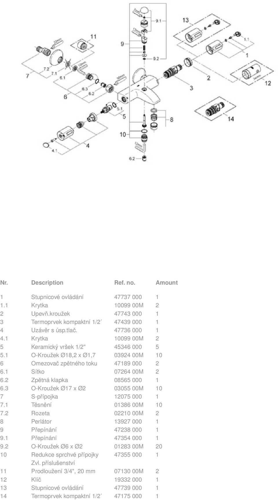 3 O-Kroužek Ø17 x Ø2 03055 00M 10 7 S-přípojka 12075 000 1 7.1 Těsnění 01386 00M 10 7.2 Rozeta 02210 00M 2 8 Perlátor 13927 000 1 9 Přepínání 47238 000 1 9.1 Přepínání 47354 000 1 9.