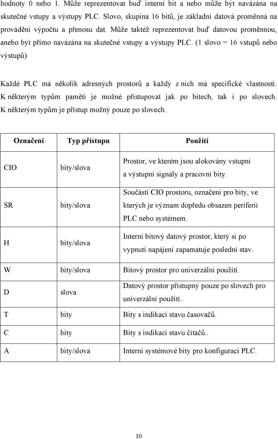 (1 slovo = 16 vstupů nebo výstupů) Každé PLC má několik adresných prostorů a každý z nich má specifické vlastnosti. K některým typům paměti je možné přistupovat jak po bitech, tak i po slovech.