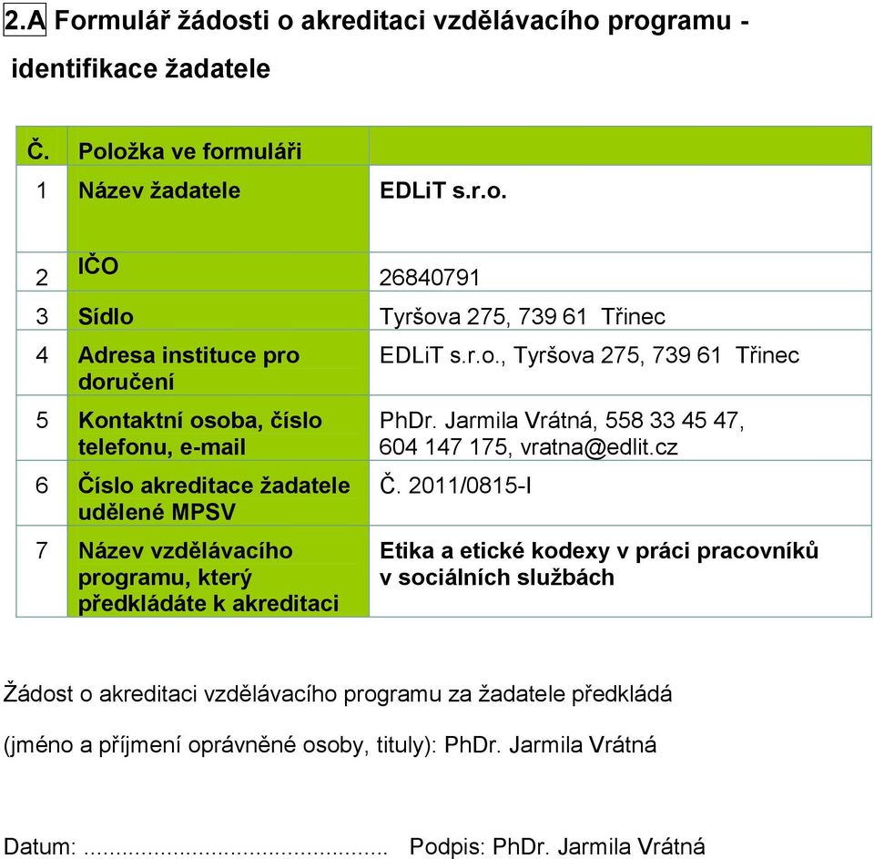 ti o akreditaci vzdělávacího programu - identifikace žadatele Č. Položka ve formuláři 1 Název žadatele EDLiT s.r.o. 2 IČO 26840791 3 Sídlo Tyršova 275, 739 61 Třinec 4 Adresa