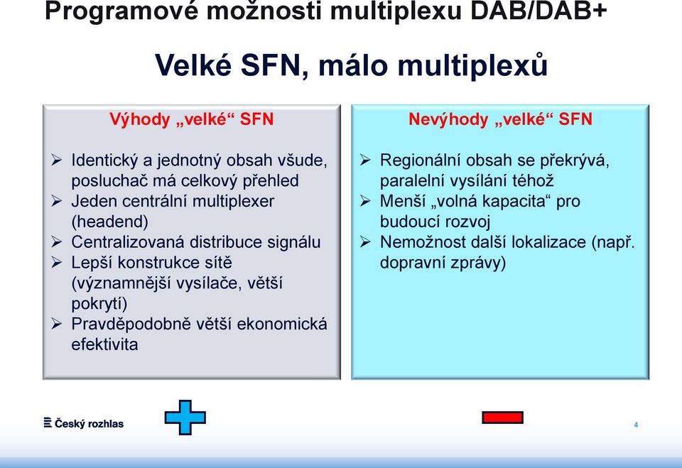 sítě (významnější vysílače, větší pokrytí) Pravděpodobně větší ekonomická efektivita Nevýhody velké SFN Regionální obsah