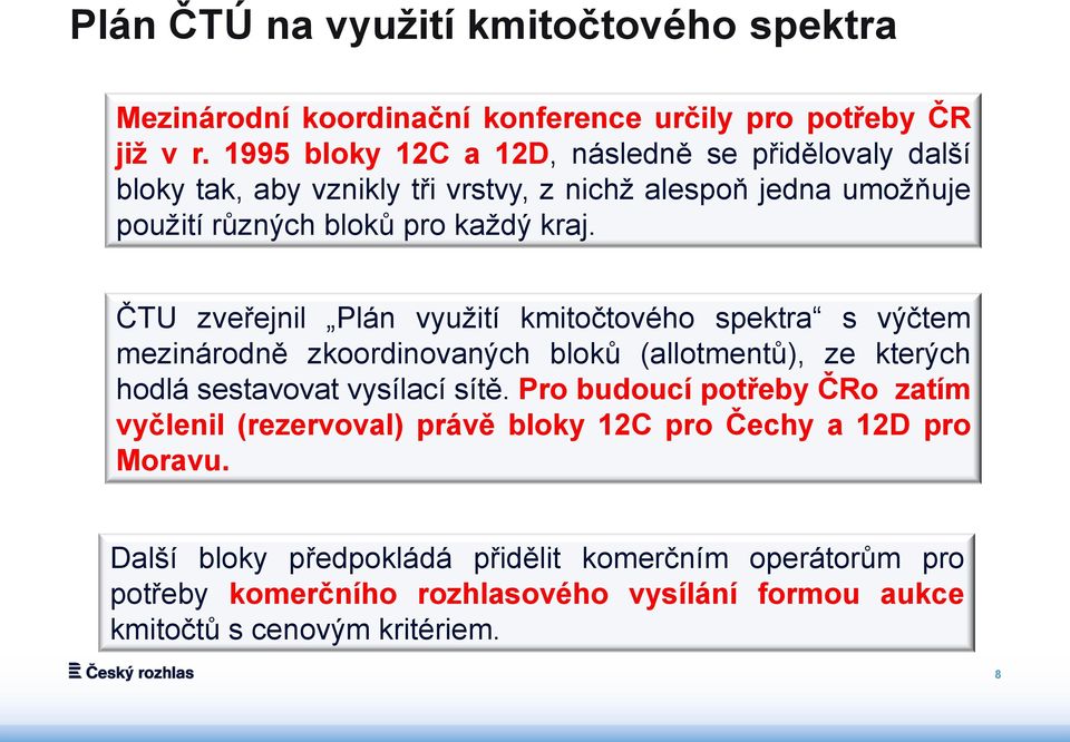 ČTU zveřejnil Plán využití kmitočtového spektra s výčtem mezinárodně zkoordinovaných bloků (allotmentů), ze kterých hodlá sestavovat vysílací sítě.