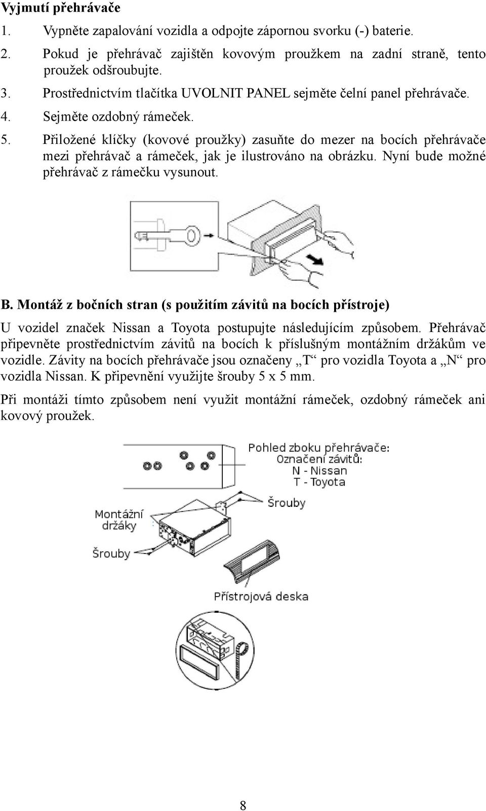 Přiložené klíčky (kovové proužky) zasuňte do mezer na bocích přehrávače mezi přehrávač a rámeček, jak je ilustrováno na obrázku. Nyní bude možné přehrávač z rámečku vysunout. B.