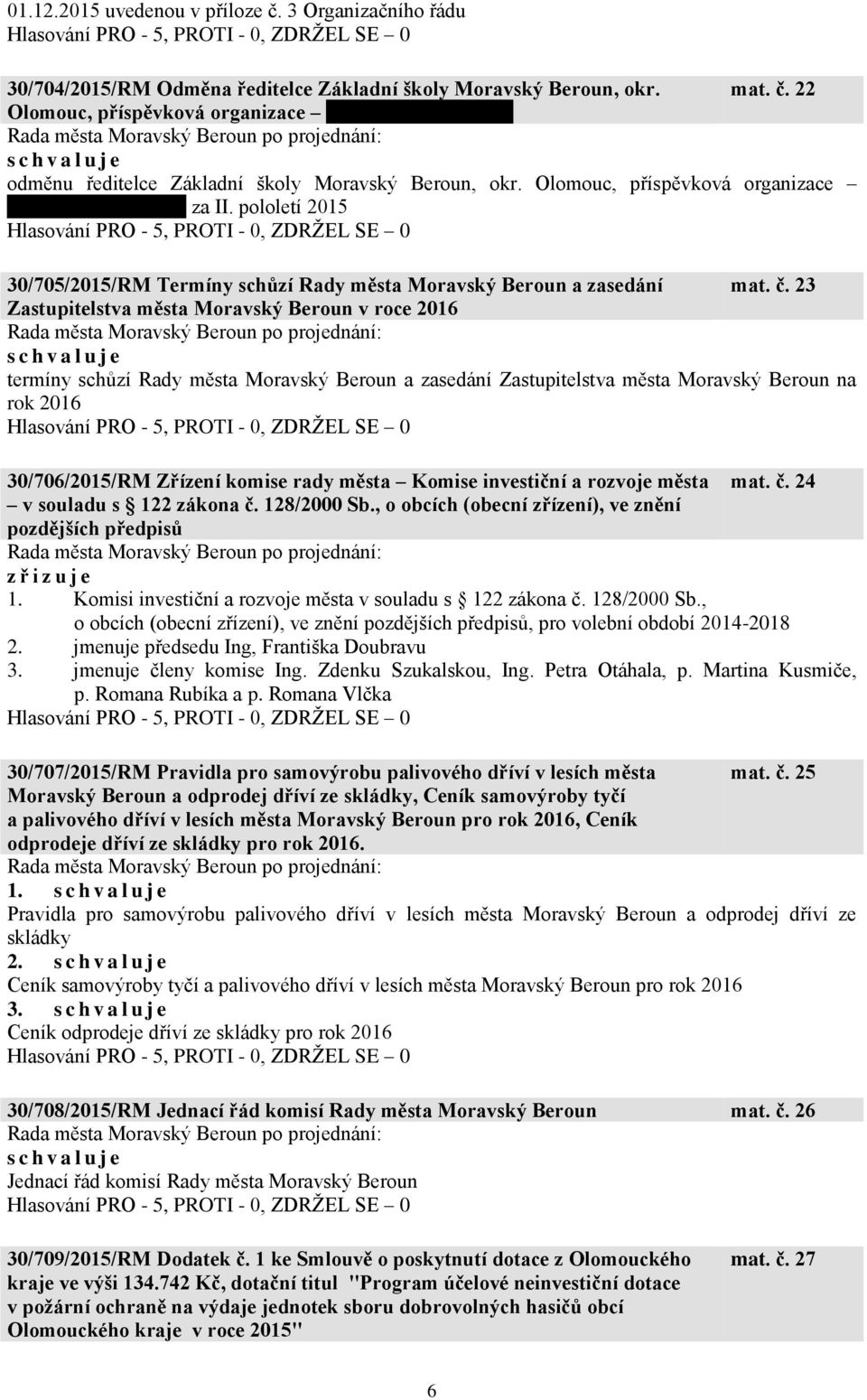 pololetí 2015 30/705/2015/RM Termíny schůzí Rady města Moravský Beroun a zasedání mat. č.