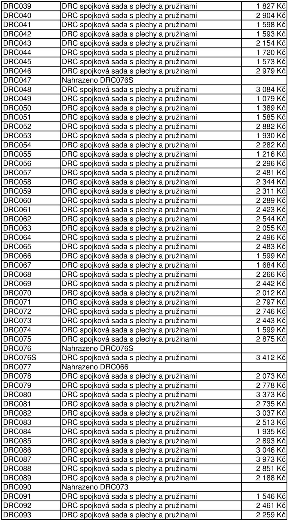 spojková sada s plechy a pružinami 2 979 Kč DRC047 Nahrazeno DRC076S DRC048 DRC spojková sada s plechy a pružinami 3 084 Kč DRC049 DRC spojková sada s plechy a pružinami 1 079 Kč DRC050 DRC spojková