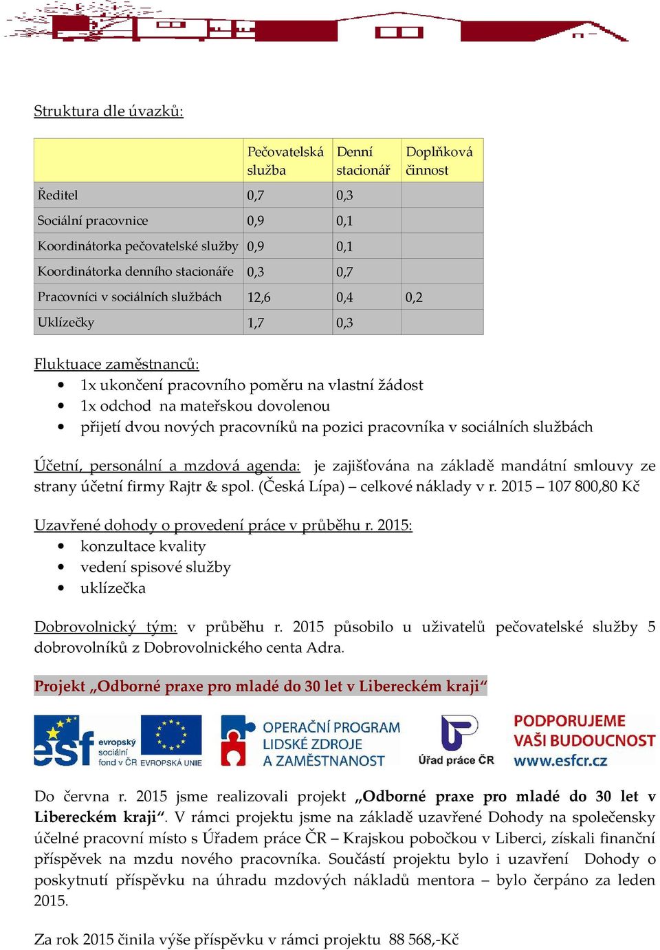 pracovníků na pozici pracovníka v sociálních službách Účetní, personální a mzdová agenda: je zajišťována na základě mandátní smlouvy ze strany účetní firmy Rajtr & spol.