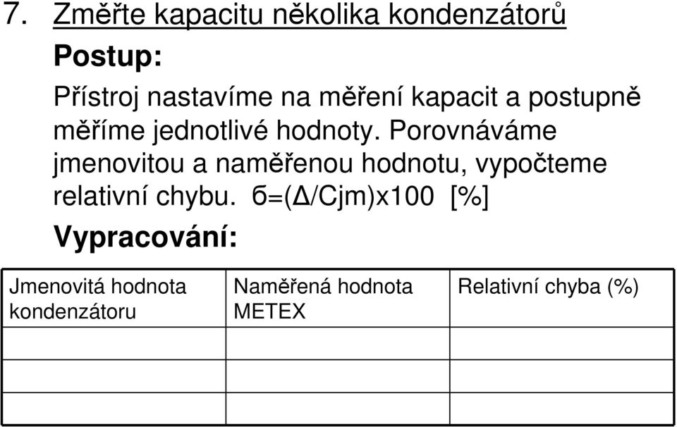 Porovnáváme jmenovitou a naměřenou hodnotu, vypočteme relativní chybu.